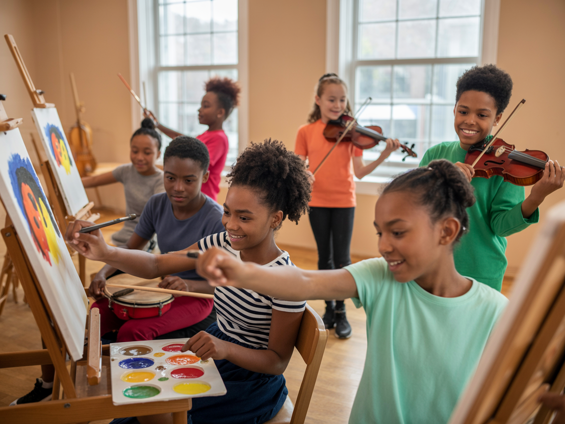 African American students from Waldorf engaged in various arts activities - painting, music, dance, and theater